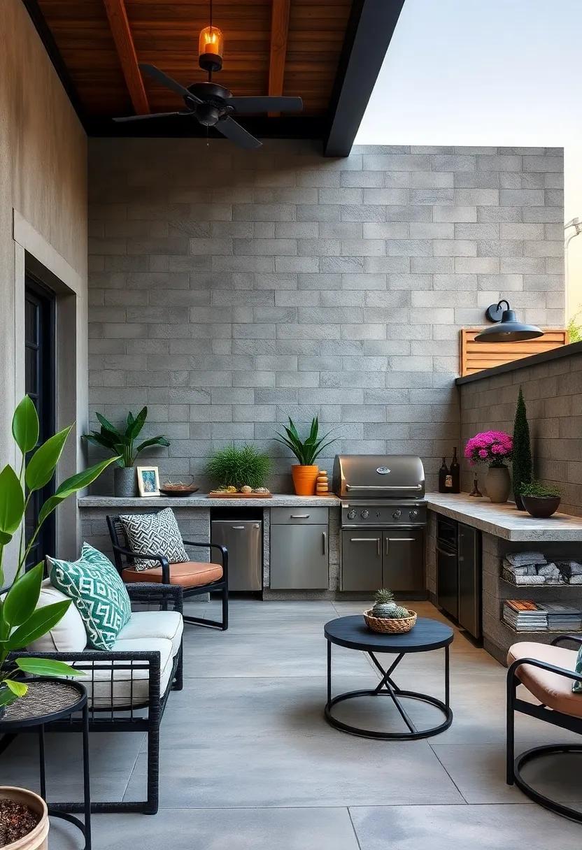 Industrial Edge: A ⁤bold, industrial-inspired outdoor kitchen with a built-in grill, complemented ⁣by concrete and ⁤metal finishes ⁤for an urban feel