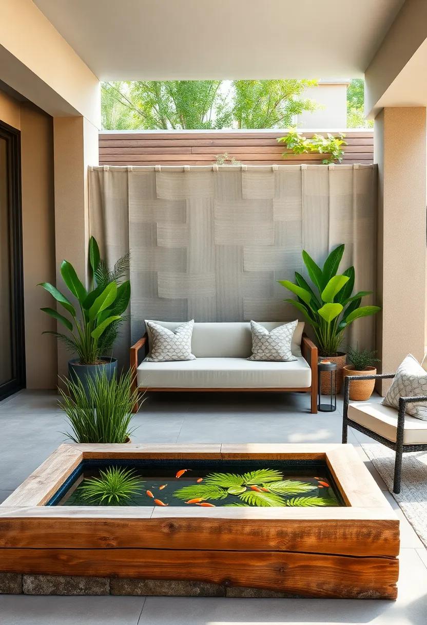 Rustic Wooden Water Trough: A reclaimed wooden trough ​filled with‍ water plants and small fish, creating a rustic⁢ yet charming ​divider‍ for your ⁤patio