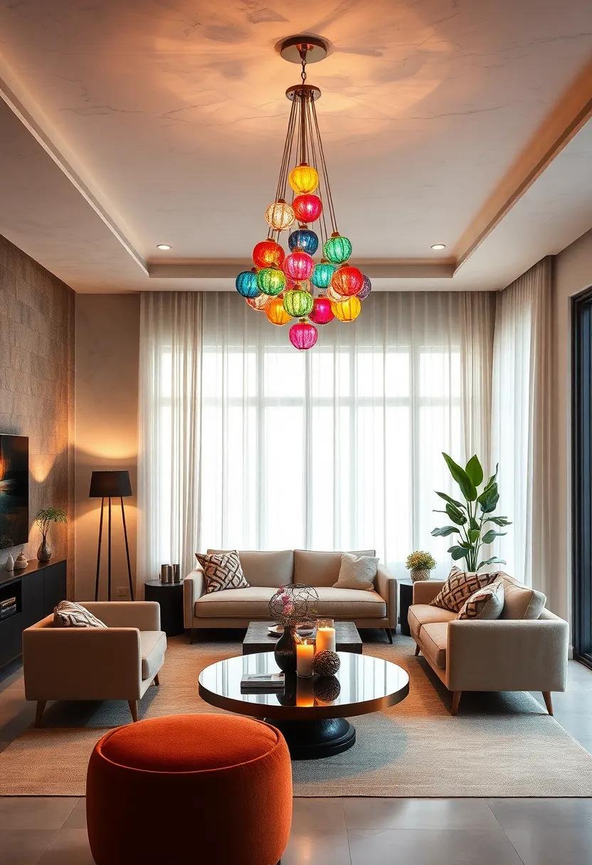 use a colorful glass chandelier⁤ as a statement⁣ piece to illuminate your ceiling and serve as ⁢a conversation starter