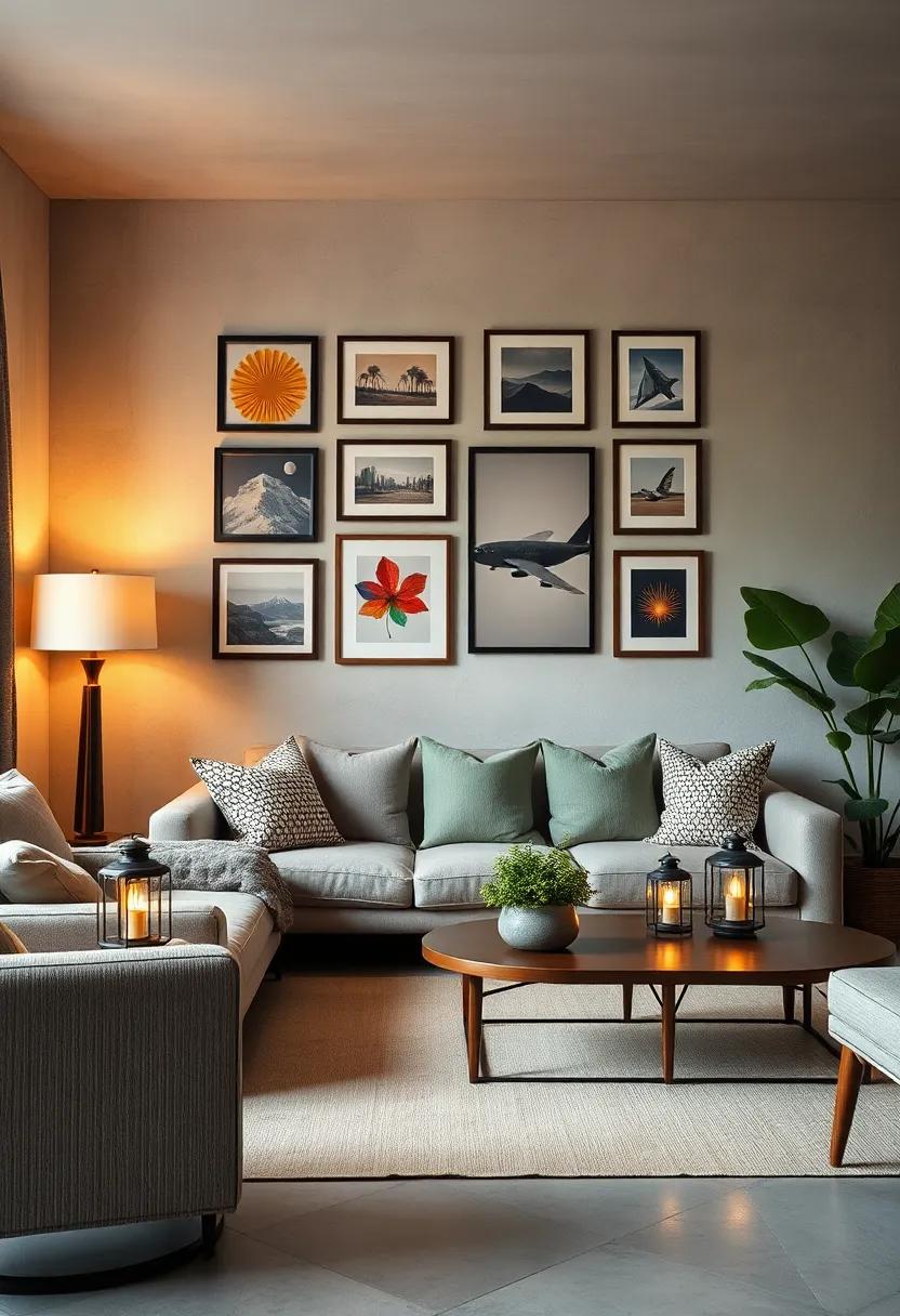 Create a gallery wall illuminated by ​small lantern-style lamps that reflect an adventurous spirit and celebrate travel