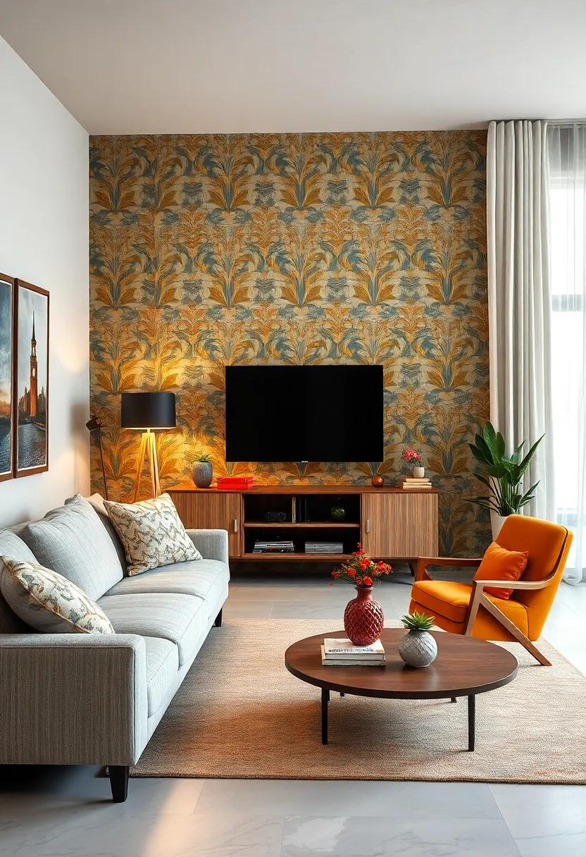 Pair a chic, vintage-inspired tripod lamp with a bold wallpaper design that ‌draws focus and enhances the room's character