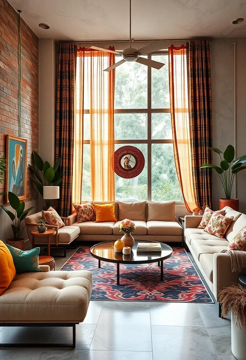 Utilize retro textiles, such as psychedelic prints‌ or plaid patterns, for window treatments to bring in color and block out the mundane