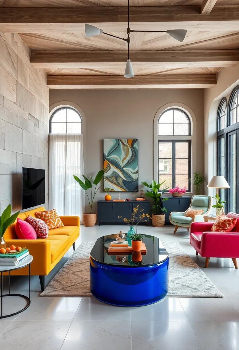 Choose playful resin or acrylic furniture to add a pop of color while maintaining a functionally chic aesthetic