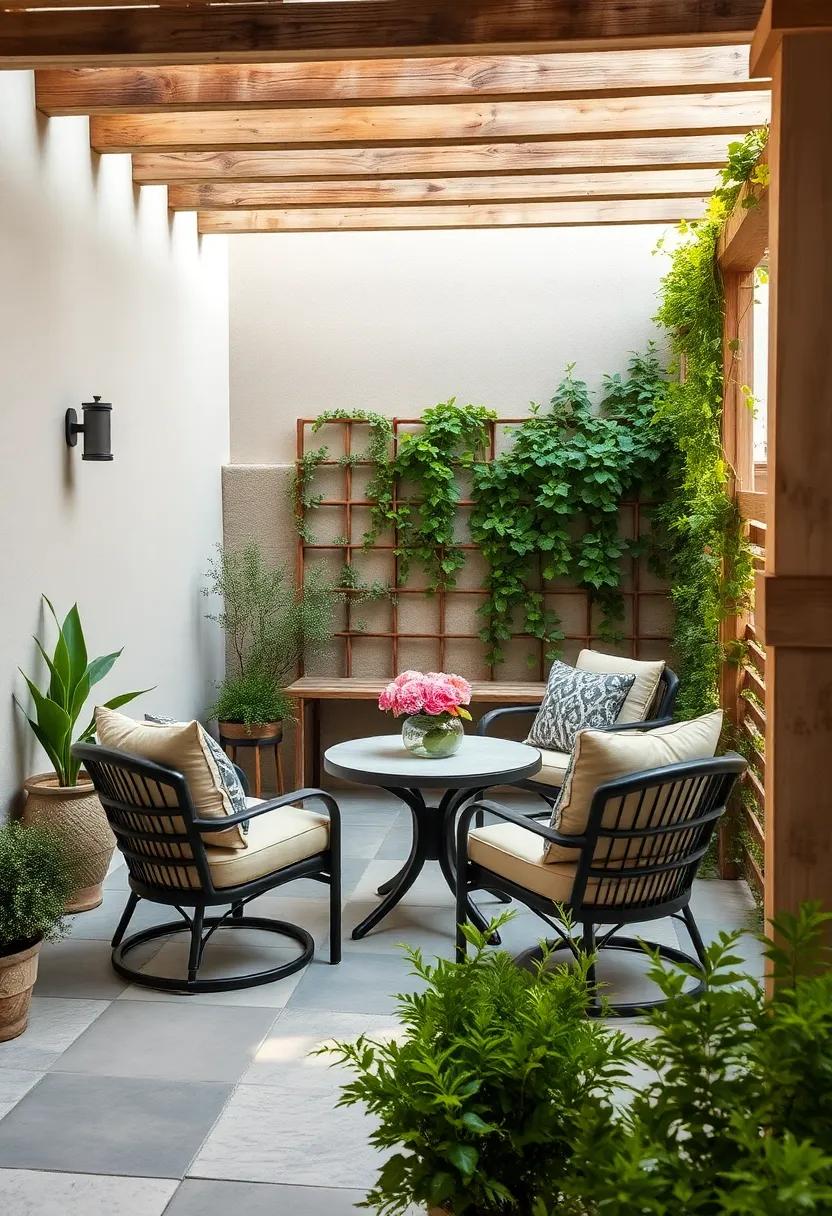 Cozy Corner Nook: ​Create an intimate​ space with a compact ​table, plush chairs, and a​ surrounding trellis adorned with climbing ‌vines to feel wrapped in nature