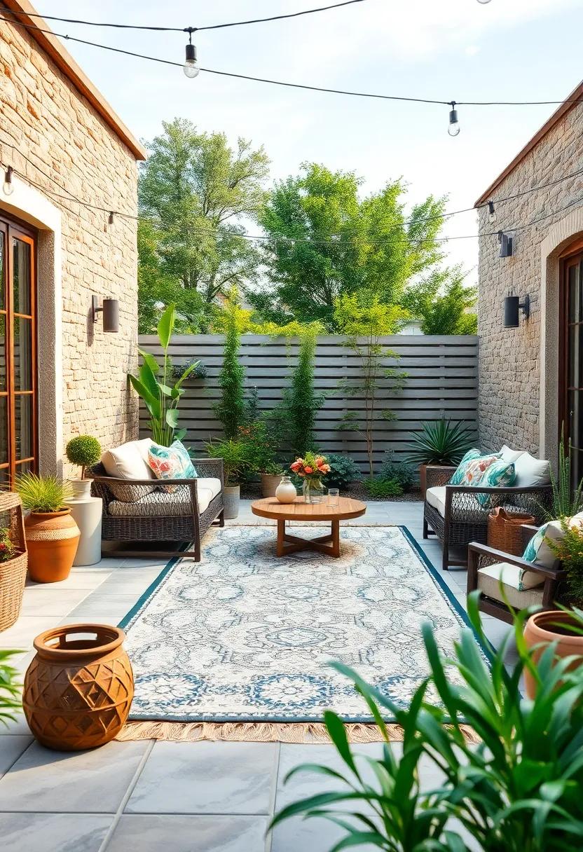 Outdoor Rug Charm: Lay down a weather-resistant outdoor rug⁤ that anchors the seating area ​and adds a touch of warmth underfoot