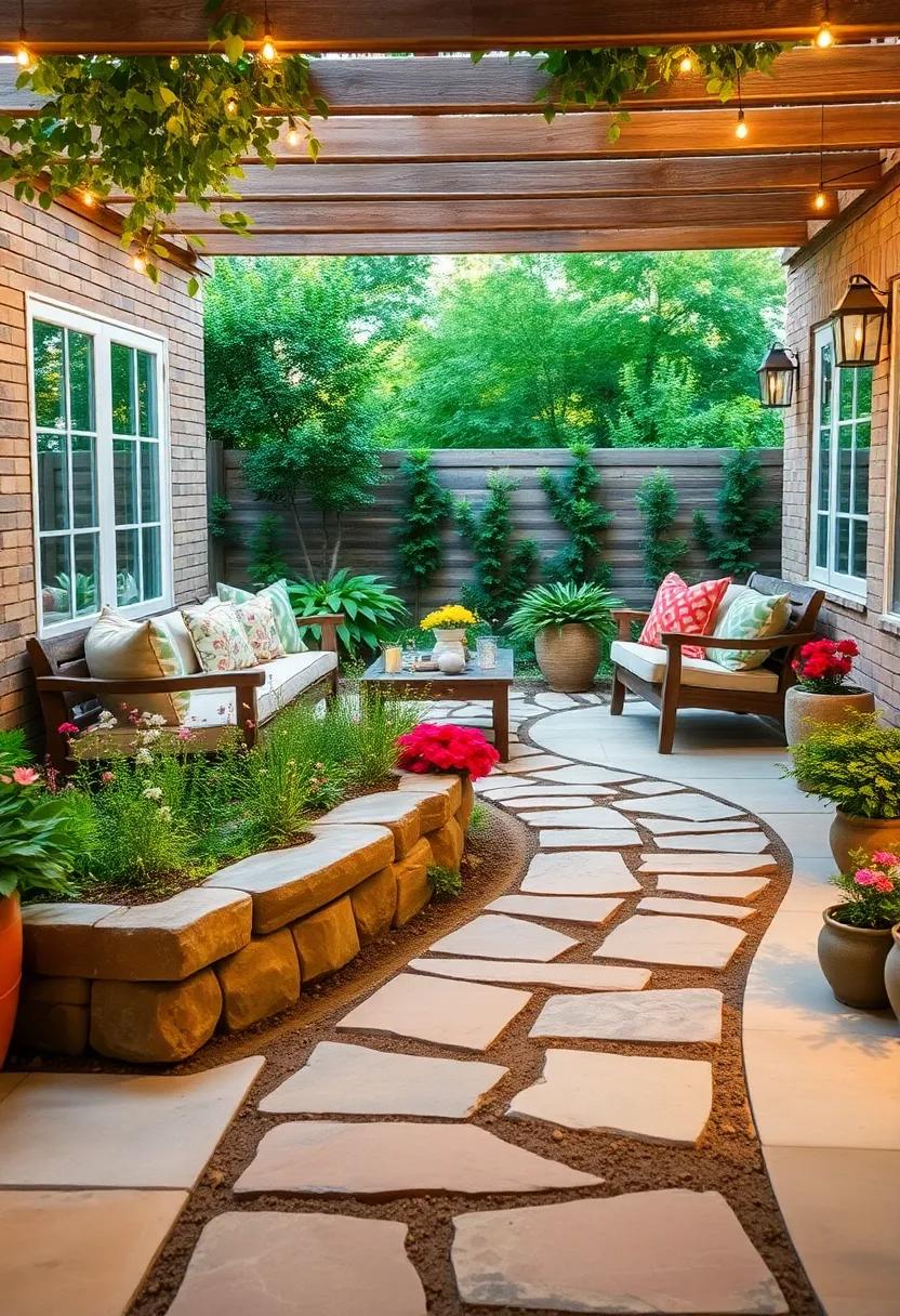 Rustic Stone Pathway: Lay a winding stone⁤ pathway flanked by wildflowers ​to connect different sections of your garden patio, inviting exploration and charm