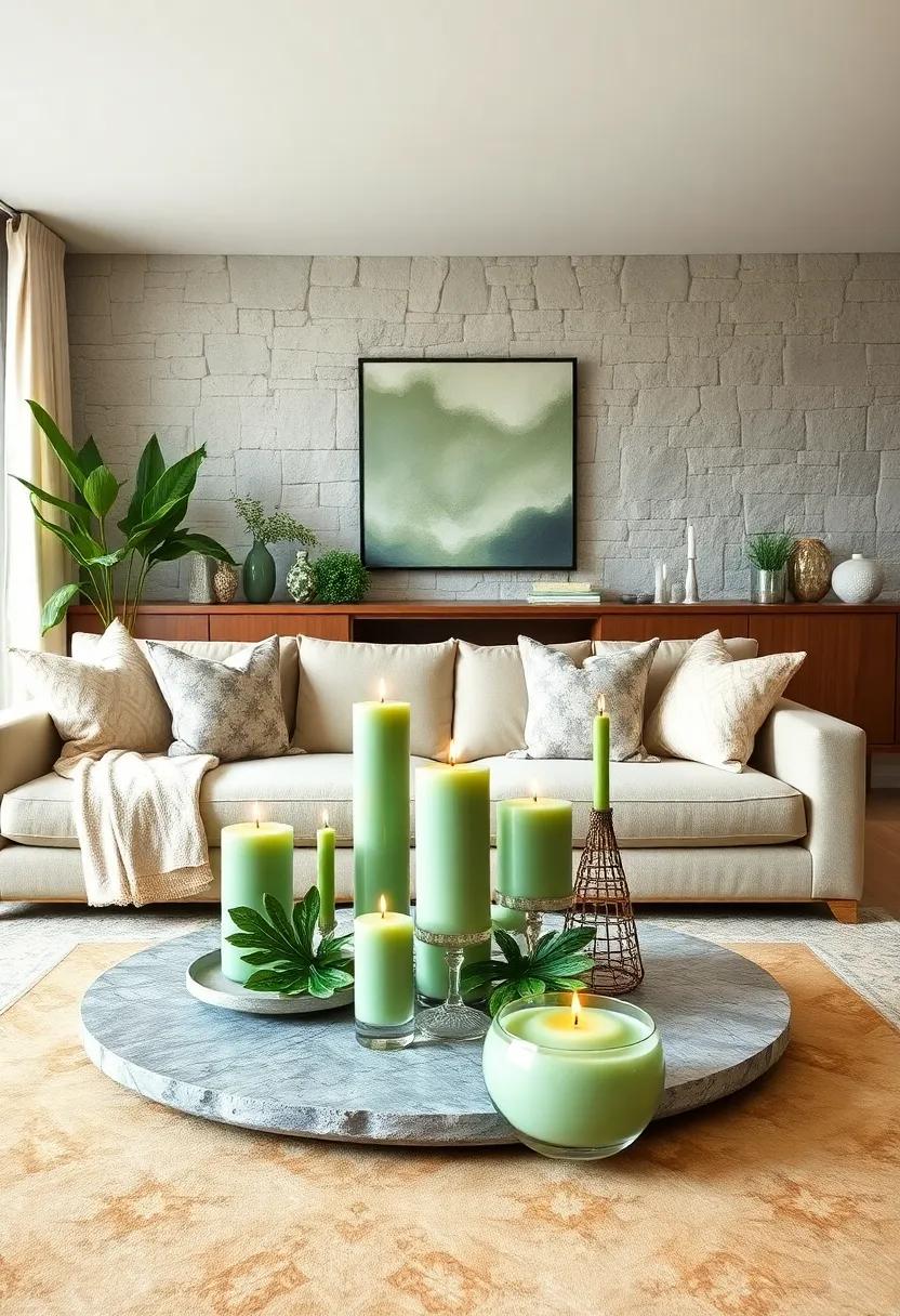 Candle​ Arrangements: Use sage green⁣ candles in various heights for a chic ⁢centerpiece on your coffee table