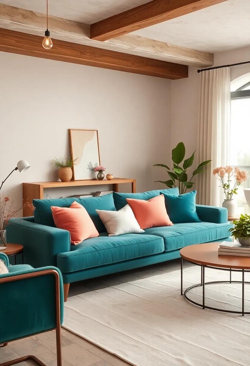 Create a dreamy ​living room with soft peach cushions on a deep teal sofa to add a pop of color and comfort