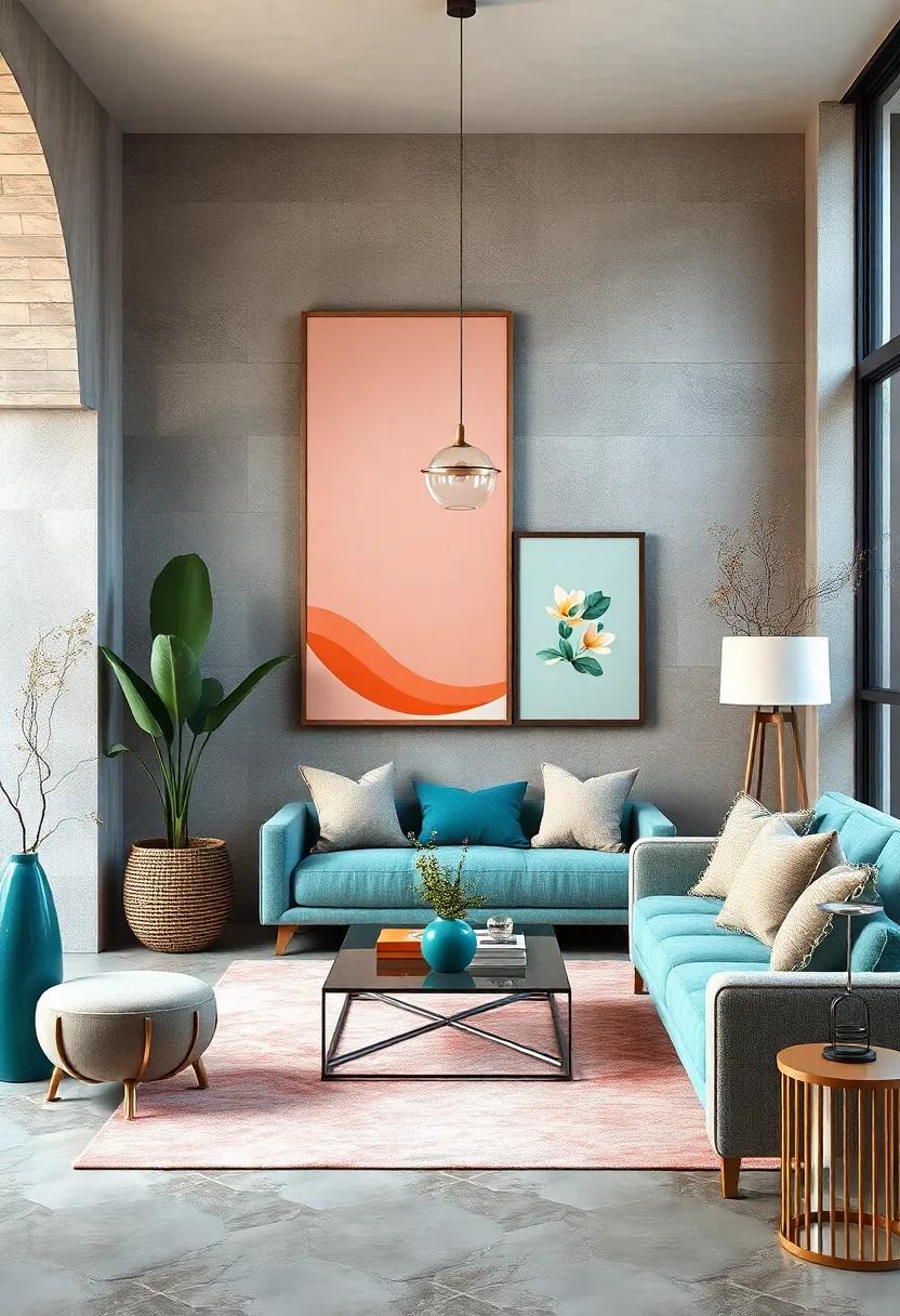 Use peach-hued artwork alongside deep teal frames to create a stunning ​focal point​ in any room