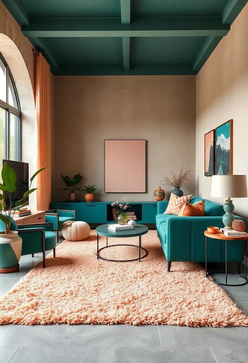 Opt for a ⁢soft peach shag rug to complement deep teal furniture, enhancing comfort while also enriching your decor⁣ palette
