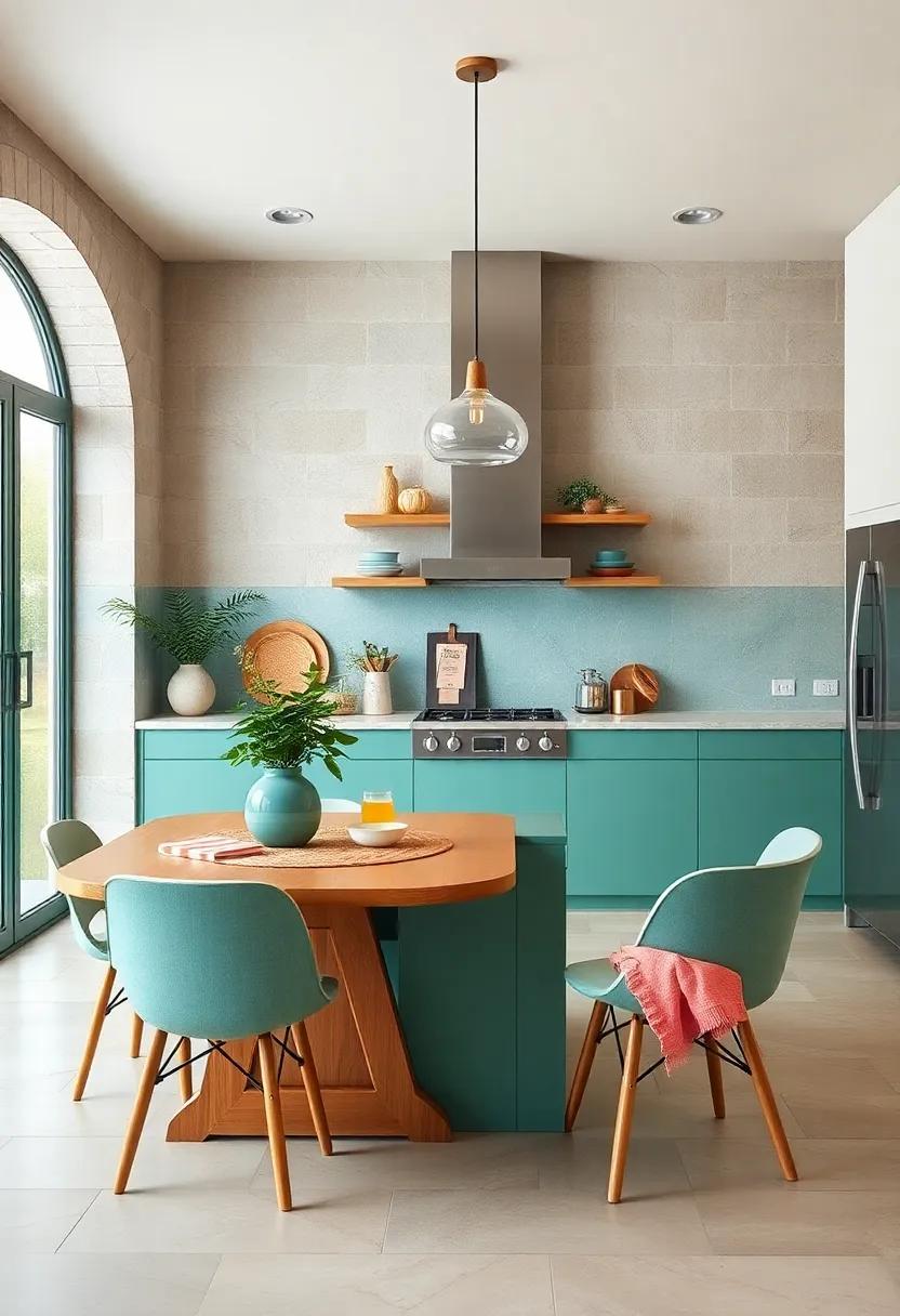 Incorporate soft peach and deep teal in your kitchen through dish towels and utensil holders for an unexpected burst of color