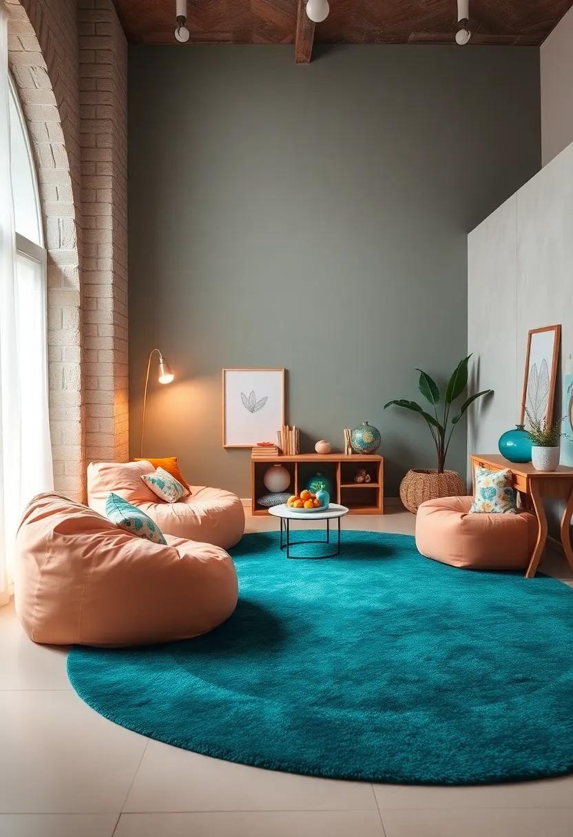 Design a playful kids' room ‍with soft ⁤peach bean bags paired with deep teal rugs for a cheerful and inviting atmosphere