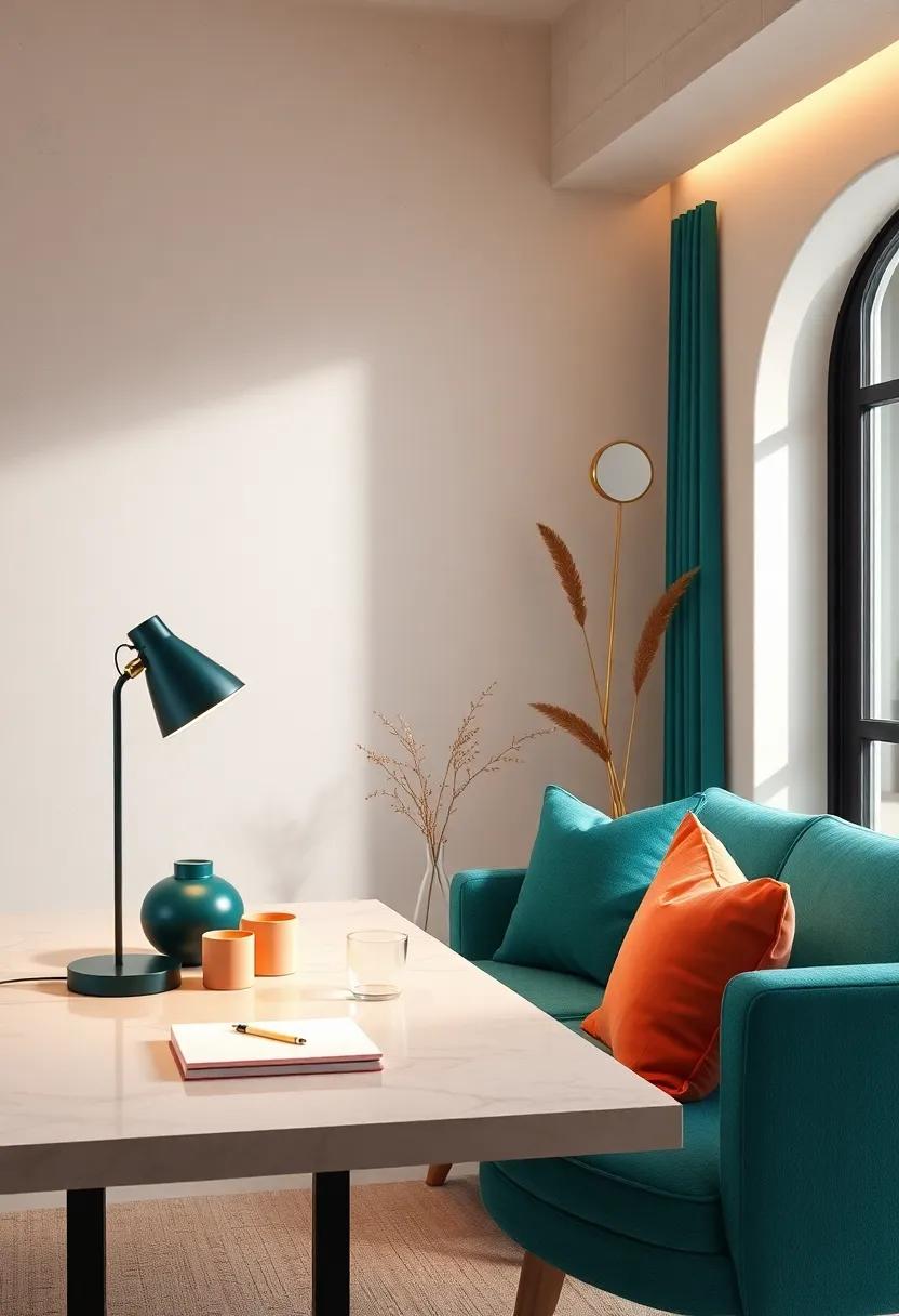 Adorn your​ dining table with a soft peach tablecloth and deep teal dishware for an elegant dining experience