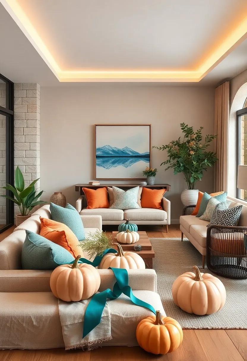 Use soft peach floral arrangements in deep teal​ vases to bring nature indoors and brighten up any space