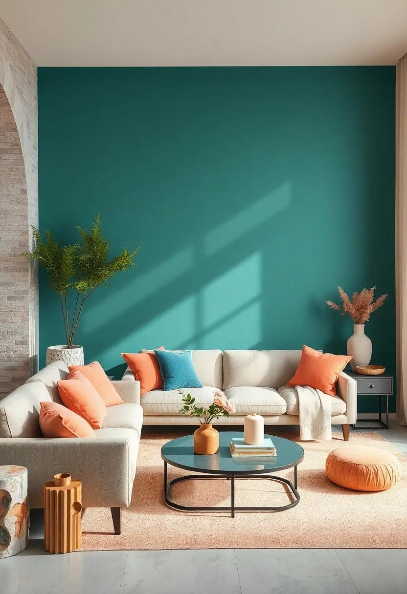add a deep teal statement wall and accessorize with soft peach decorative items, creating a bold yet harmonious space
