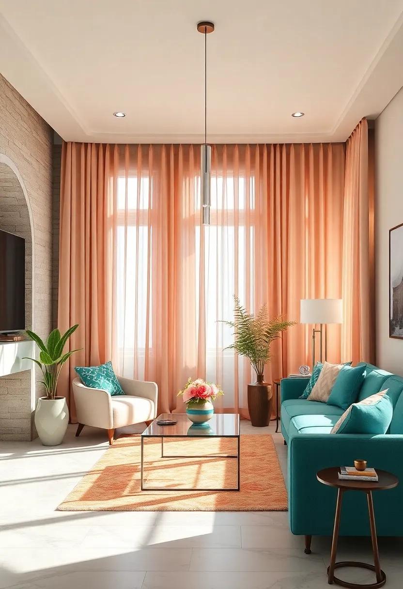 Incorporate deep teal ⁣curtains paired ‍with soft peach sheers to ​achieve a beautiful interplay of light⁣ and color