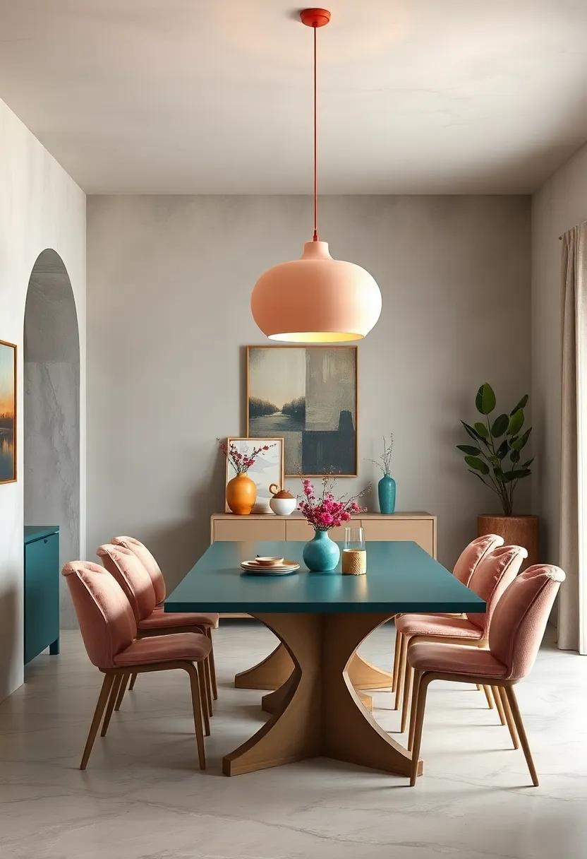 Hang a soft peach pendant light over a deep teal dining table to create⁢ an immersive and warm dining atmosphere