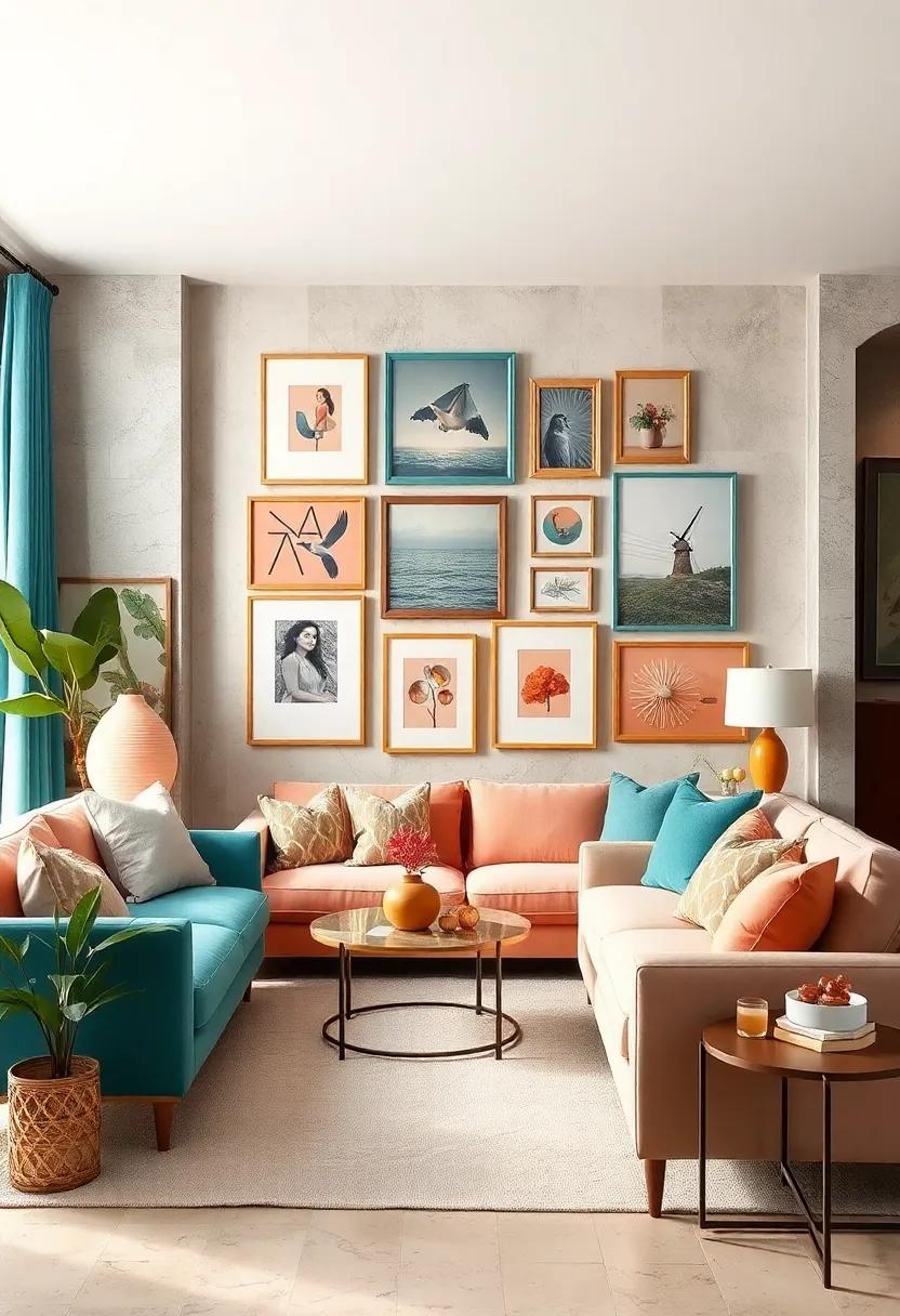 customize a gallery wall with a mix of​ deep teal and soft peach frames, showcasing personal memories in style