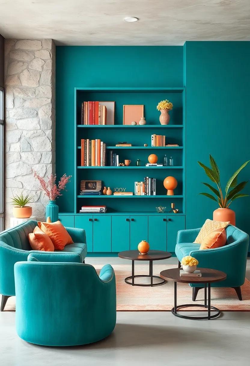 incorporate ​deep teal shelving to display ⁤soft peach books and accessory items, adding both function and style