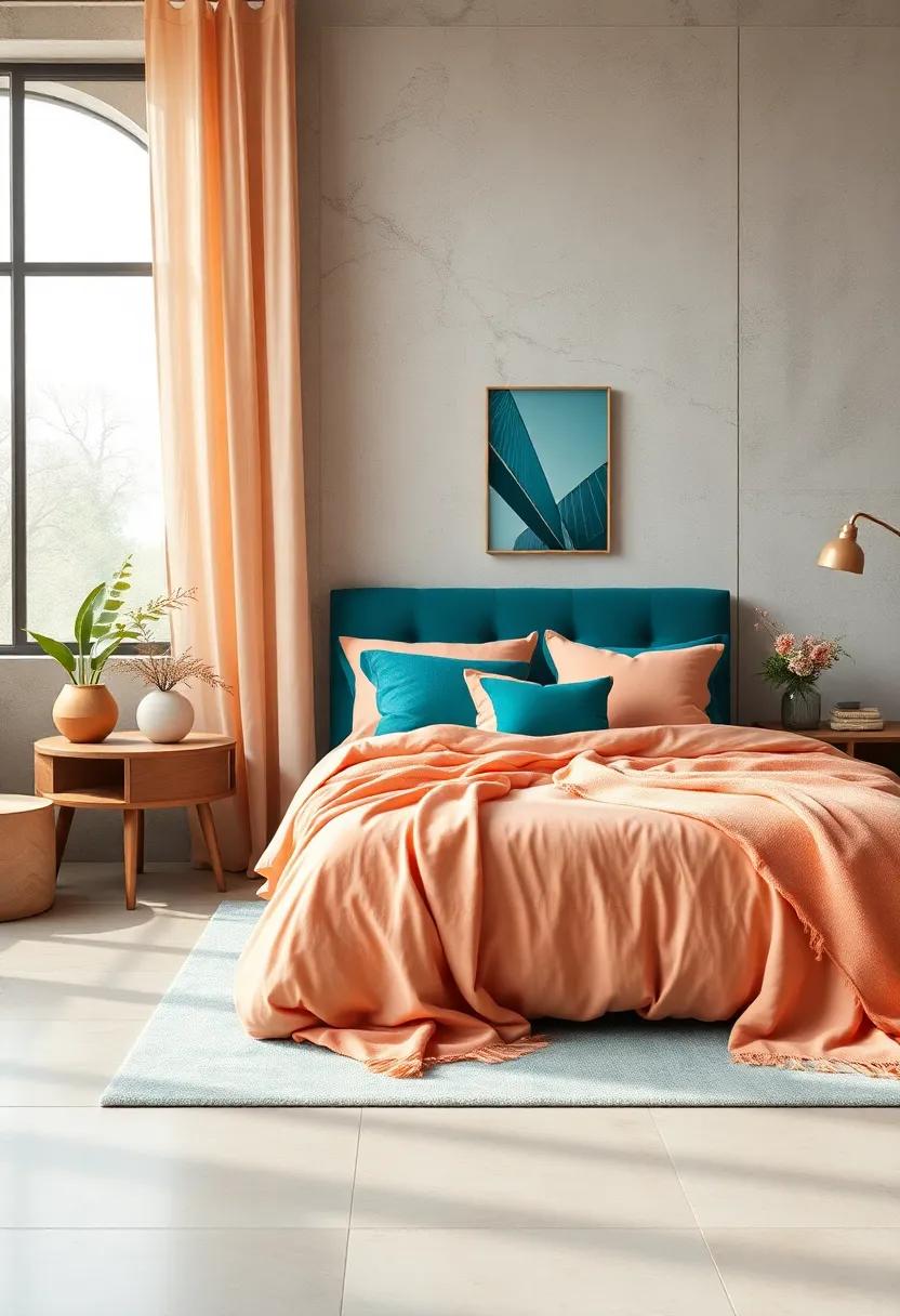 Enhance your bedroom's ambience by layering ⁤soft peach throws over deep teal bedding for a warm,⁤ inviting look