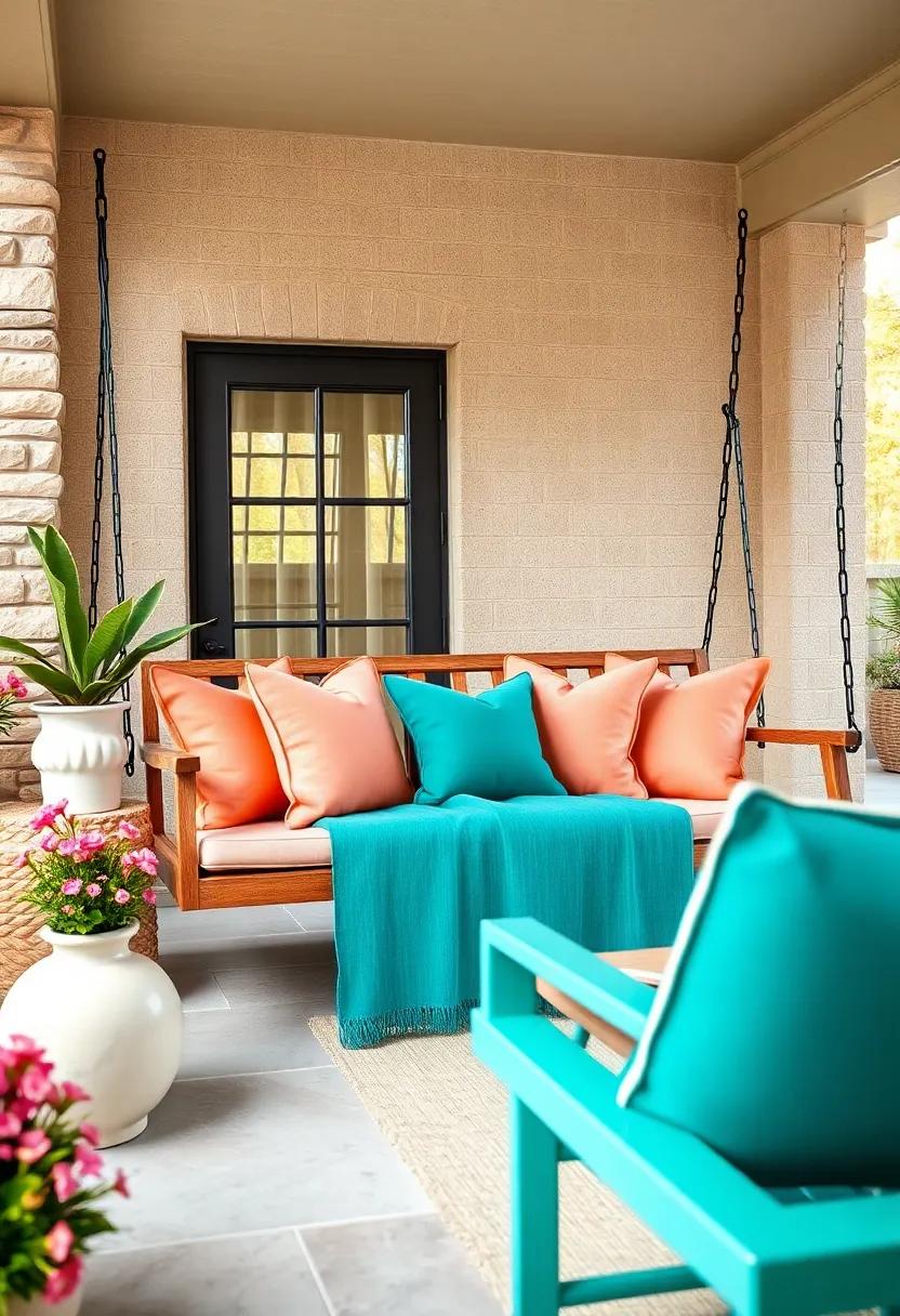 Introduce accent pillows in shades of deep ⁤teal and soft peach on your porch​ swing for a cozy ‌outdoor⁤ retreat
