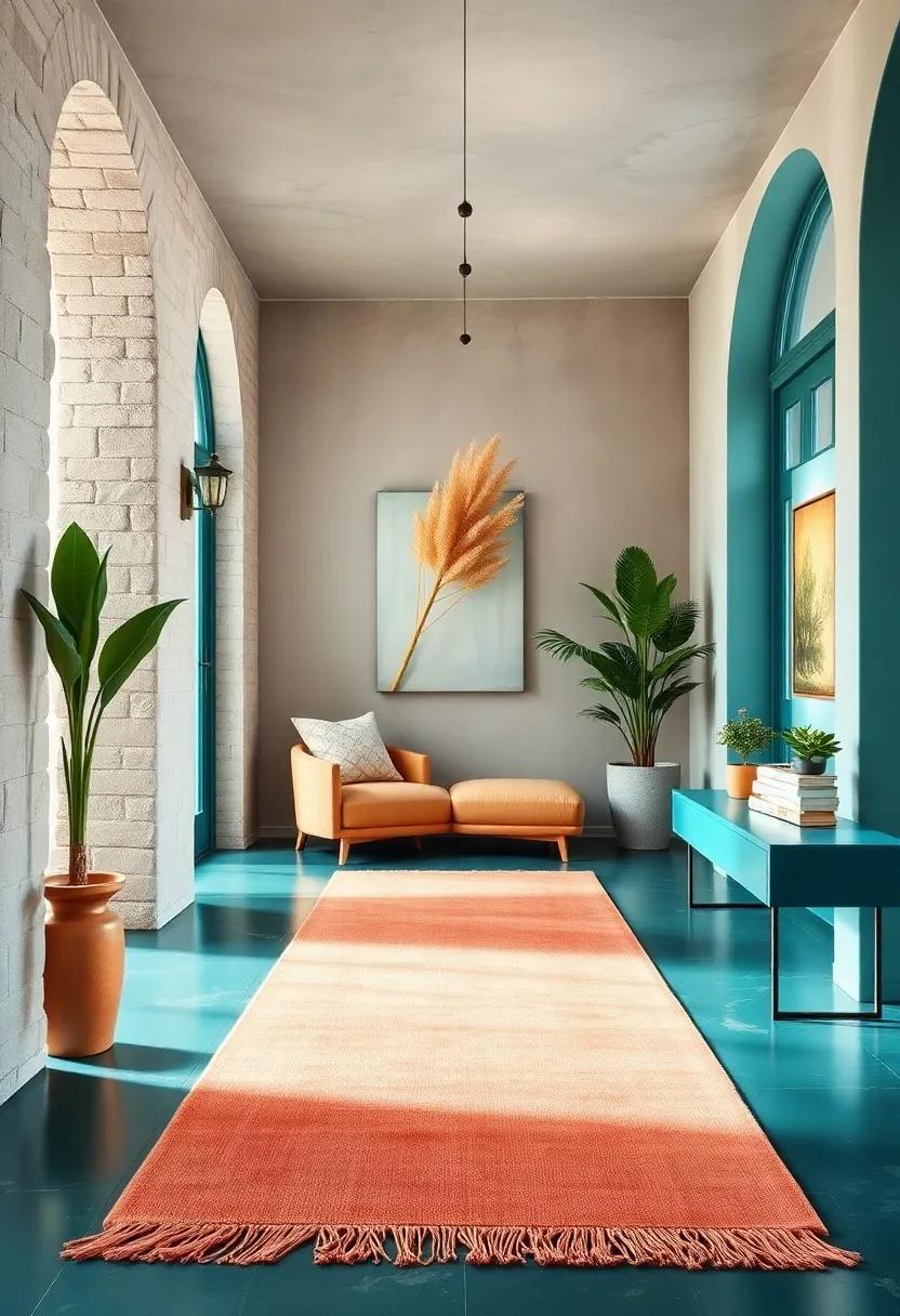 Create a⁣ welcoming entryway using soft peach‌ runner rugs ​atop deep teal floors for an exciting first impression