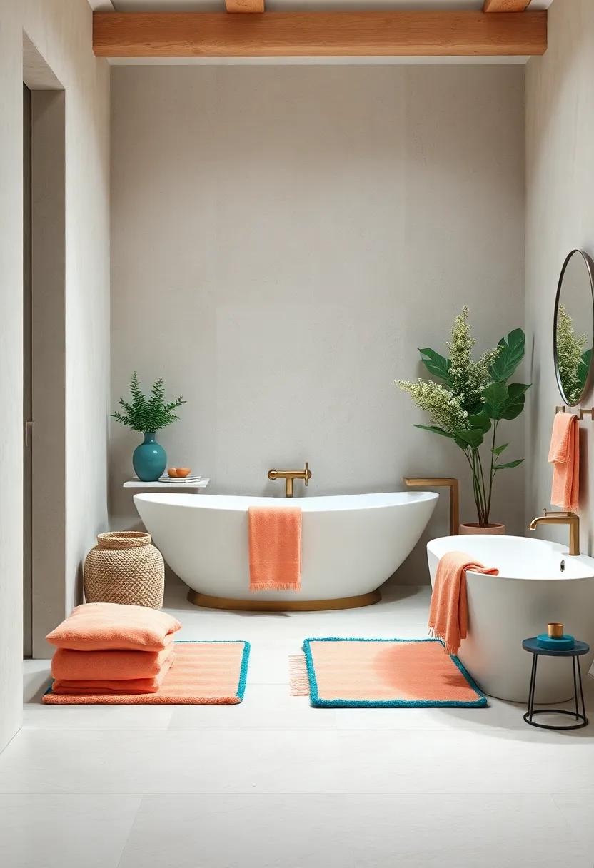 Accent a neutral bathroom with soft peach towels and deep teal bath mats, striking a perfect balance of calm and vibrancy