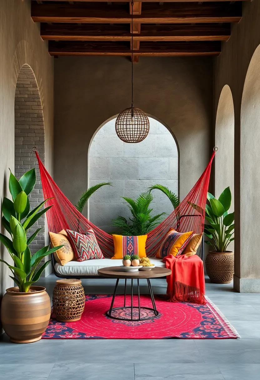 Bright and Bold: Incorporate vibrant colors and patterns reminiscent of traditional South American textiles to create a lively outdoor hammock nook