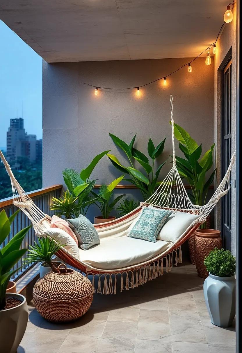 Cozy Corner: Transform⁣ an unused corner of your balcony⁤ into a hammock sanctuary with lush plants and twinkling fairy lights for a magical evening atmosphere