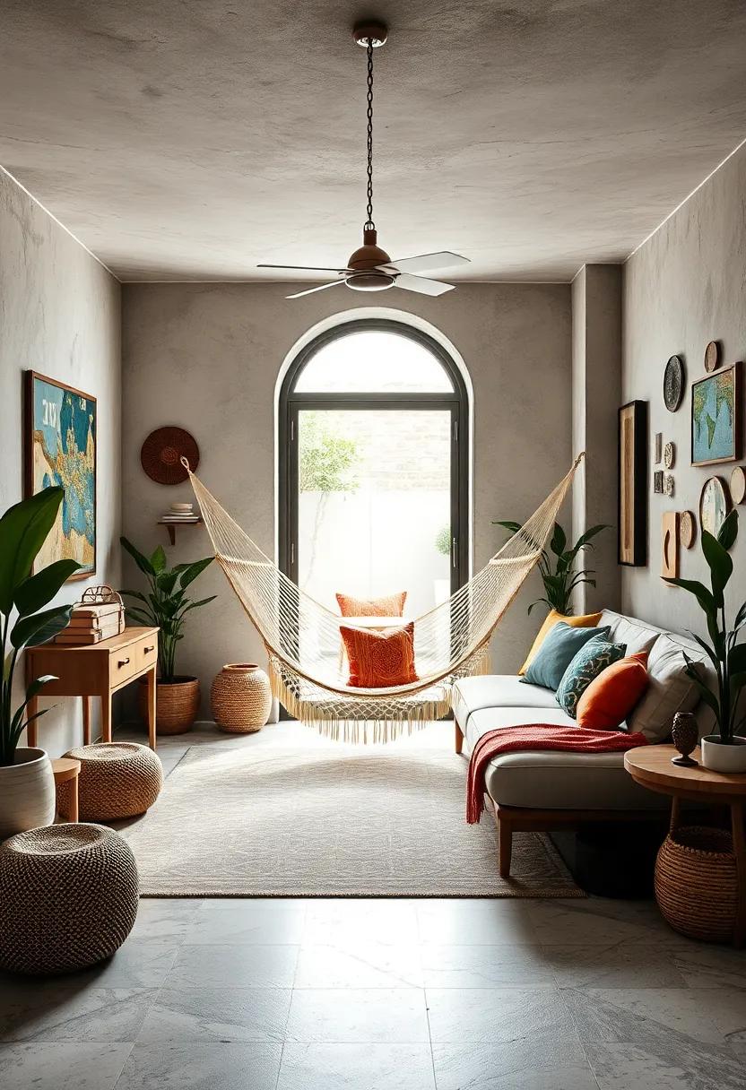 Vintage Travel: Curate a curated lounge area that showcases your travel souvenirs alongside​ a hammock, telling stories of your adventures​ while offering a comfy spot to unwind