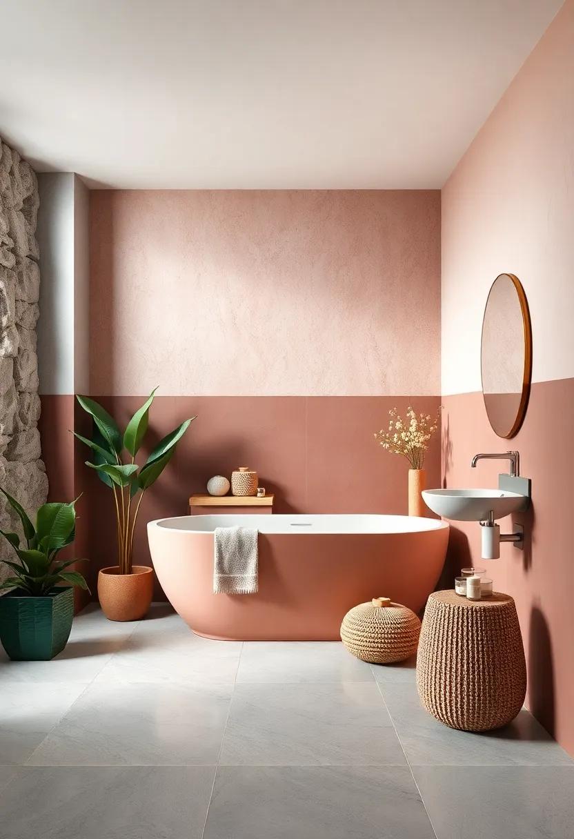 Blush Pink and Deep Forest Green: A striking contrast that celebrates‍ nature while introducing warmth and charm to your bathroom