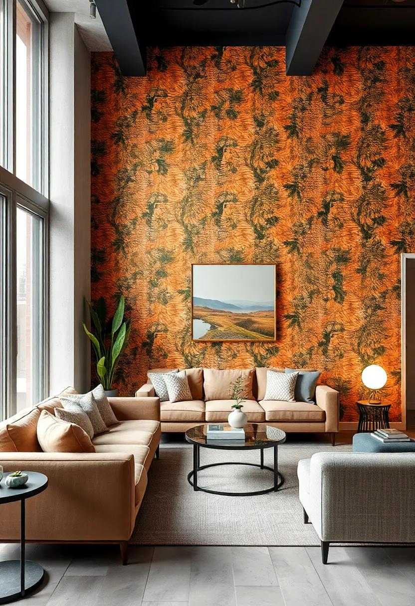 Bold Wallpaper: Make a statement with a striking wallpaper that becomes the focal point of your⁢ living room, ‍paired with more understated ⁤furniture
