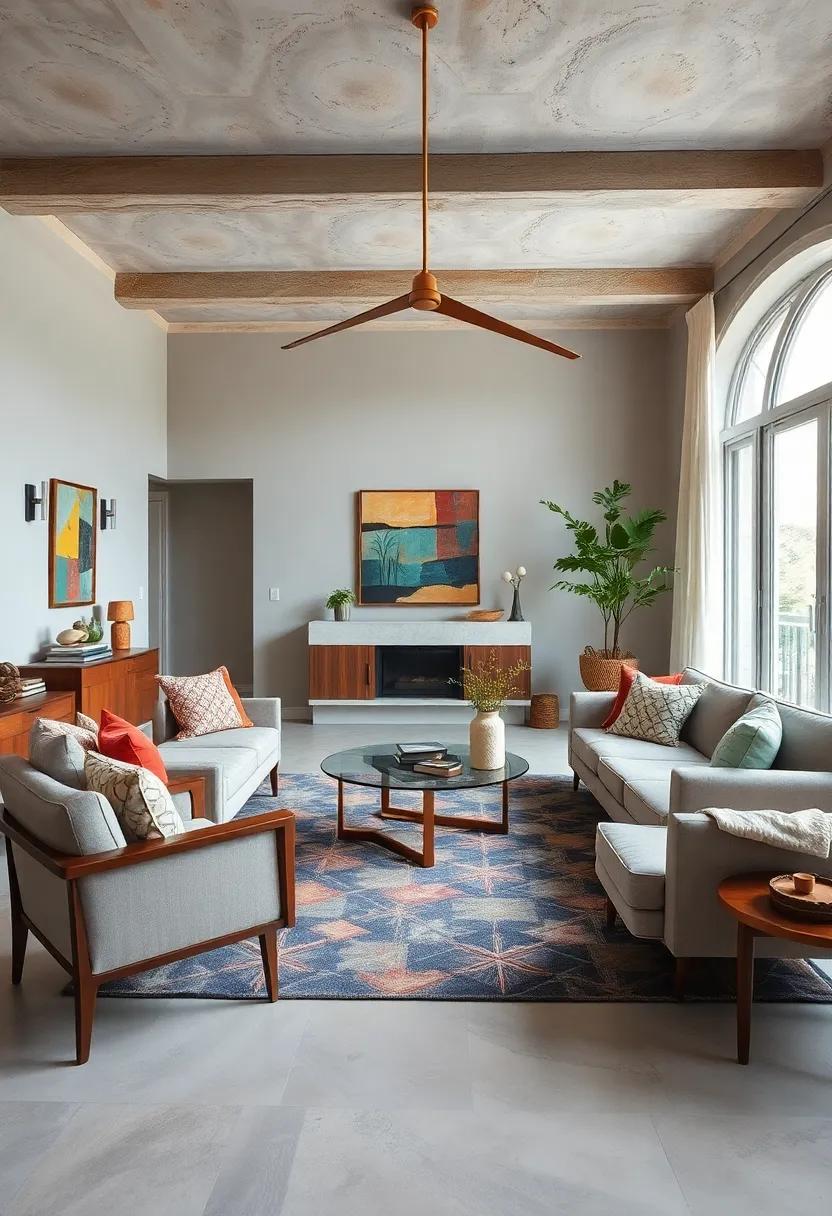 A ⁤mid-century modern marvel featuring a sleek ⁣Danish teak sofa paired with​ a bold geometric rug,⁤ showcasing the perfect balance‌ of form and‌ function