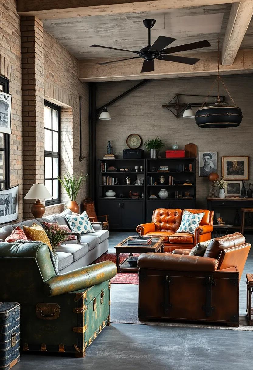 An ⁣industrial ⁤loft filled with vintage metal accents, where a distressed leather armchair and a‍ vintage ⁢trunk serve ​as⁣ conversation starters