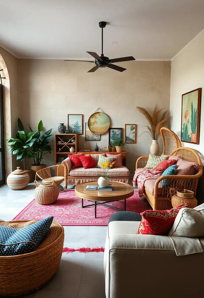 A bohemian living room ⁤that‌ boasts a stunning rattan ‌daybed ⁤draped with colorful textiles, ⁤creating an effortlessly inviting ⁢atmosphere