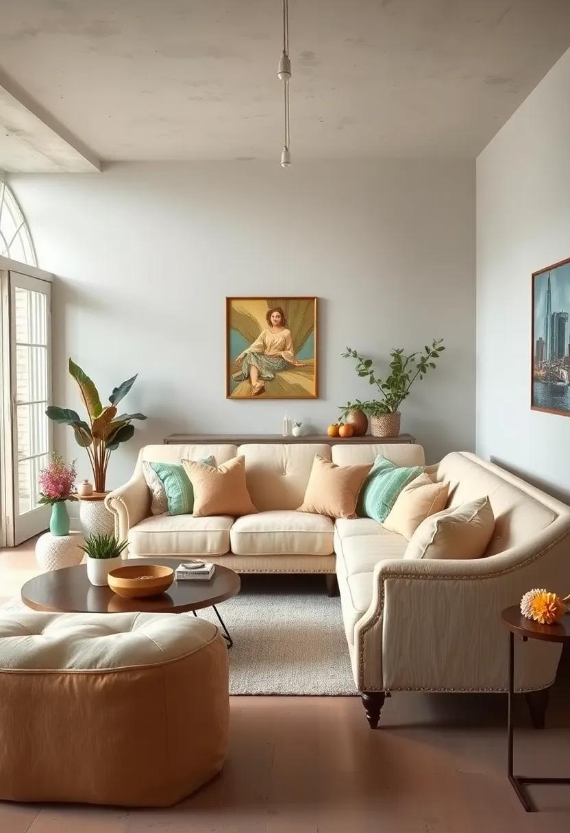 A dreamy,​ pastel-colored den with ‍a vintage settee and accompanying throw pillows, creating an ‍enchanting atmosphere reminiscent of⁣ simpler times