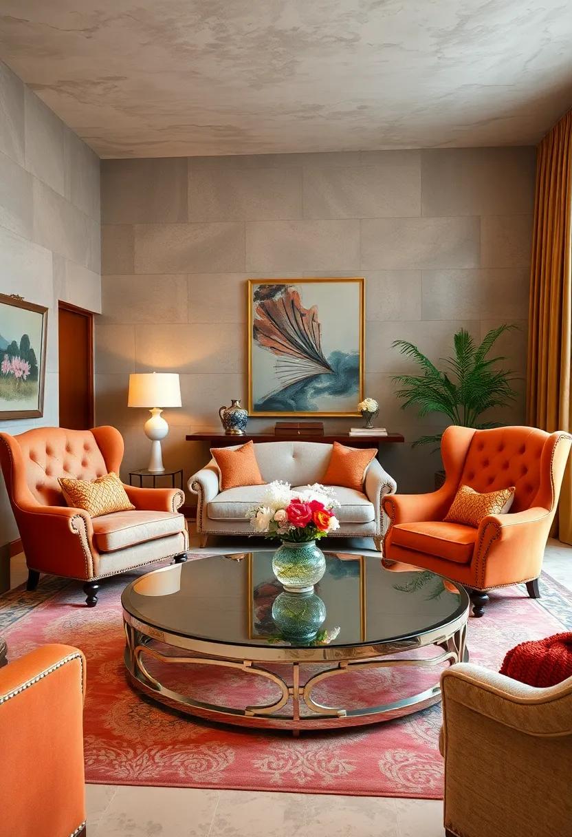 A stunning vintage Hollywood Regency ‌room,‍ highlighted ⁢by a‍ glamorous mirrored coffee table and plush, ⁢high-backed chairs ‍that scream sophistication