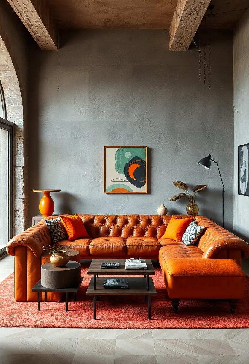 A retro 1970s space ⁢featuring a ‌tufted leather sofa paired with​ vibrant orange accents,‍ embodying the‍ spirit of its time with a modern twist