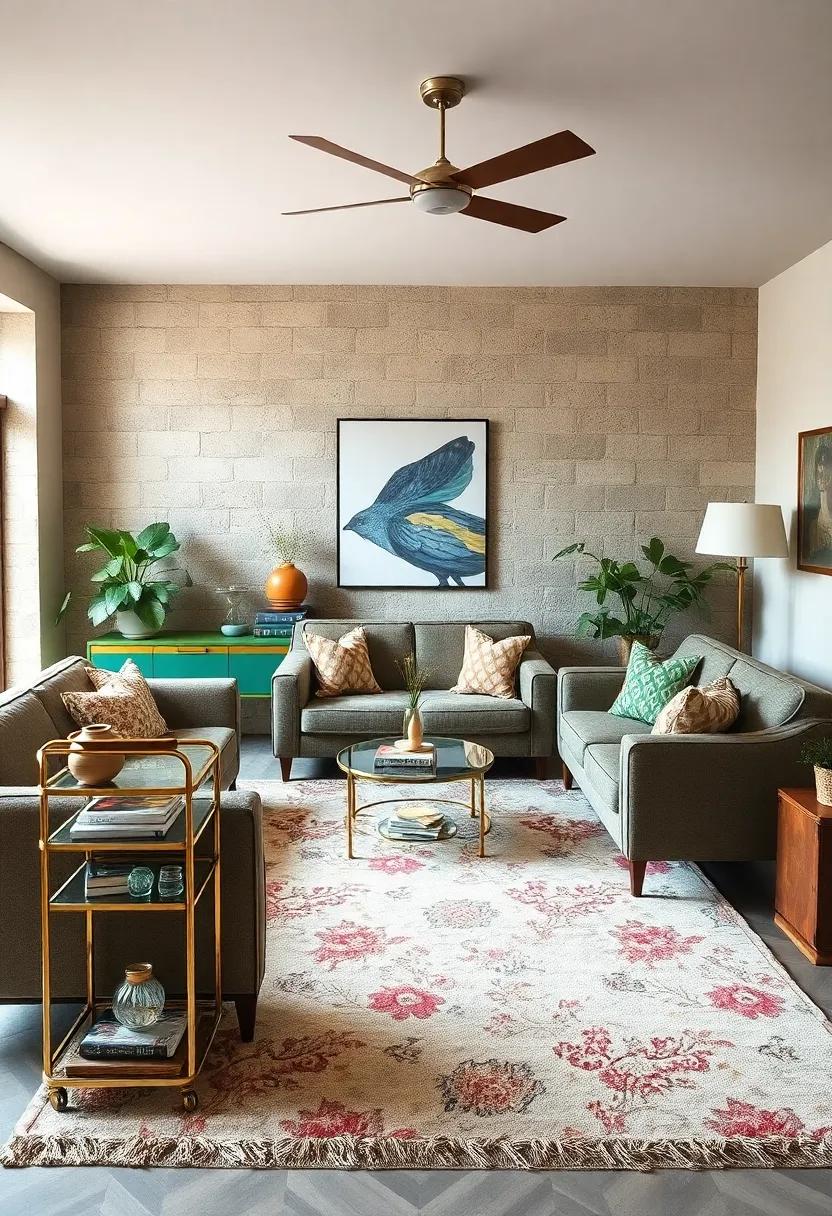 An inviting retro lounge complete with a colorful bar cart and a soft, plush area rug, setting the stage for laid-back ​gatherings and laughter