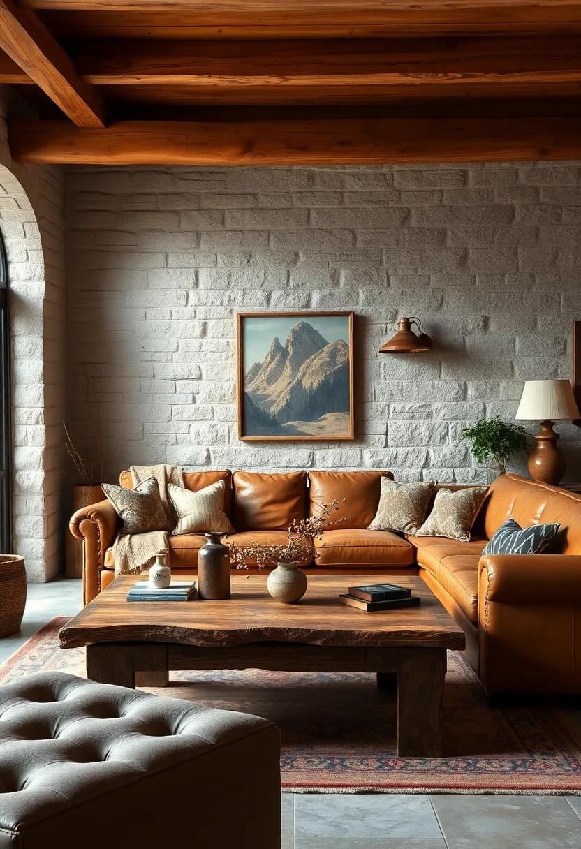 A rustic⁣ cabin feel with⁢ a weathered leather ‍sofa and a reclaimed wood coffee ‍table, embodying‌ the beauty of natural‌ and vintage ⁤design