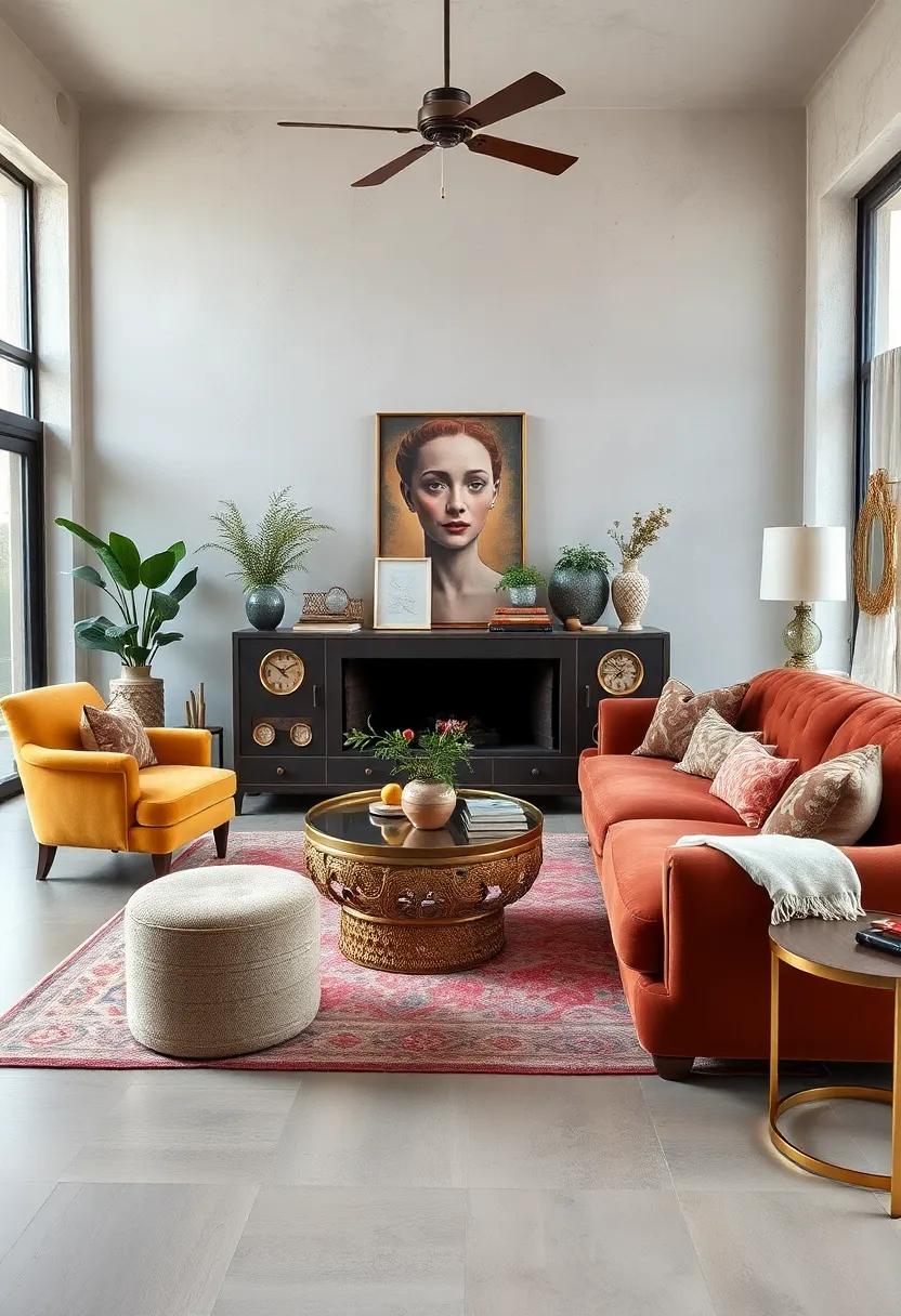 An eclectic vintage-inspired living room with a rich velvet sectional and an ​ornate​ brass coffee table, exuding a sense of⁢ warmth ‌and invitation