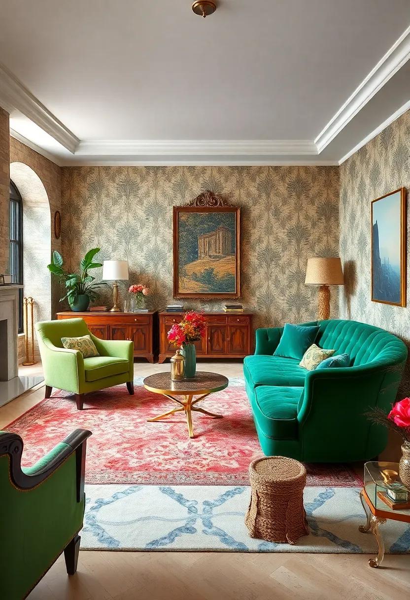 An art deco ⁤dream⁣ where⁢ a sumptuous ‌chaise lounge, upholstered in deep emerald green, commands attention against a⁣ backdrop of ​intricate wallpaper