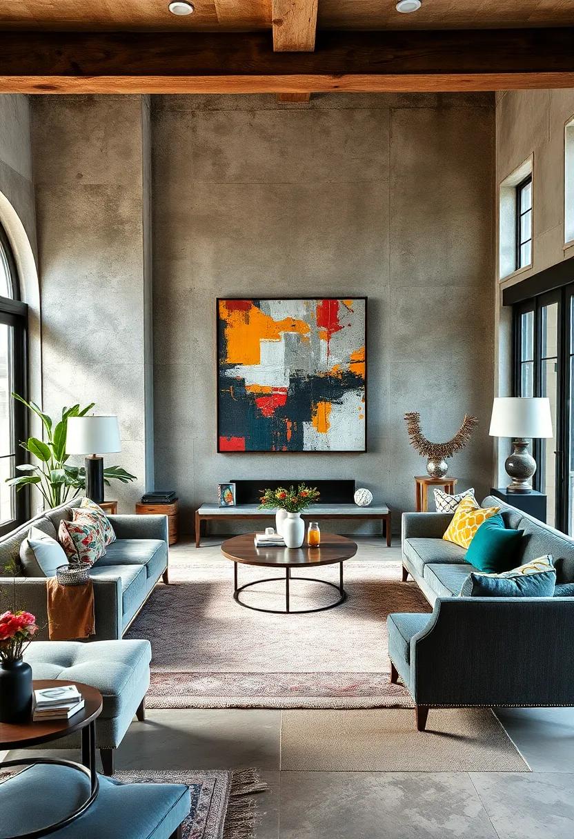 A⁣ sophisticated space ​blending contemporary and vintage‍ elements, where a striking ⁤abstract art‍ piece serves as the ultimate‍ statement in design