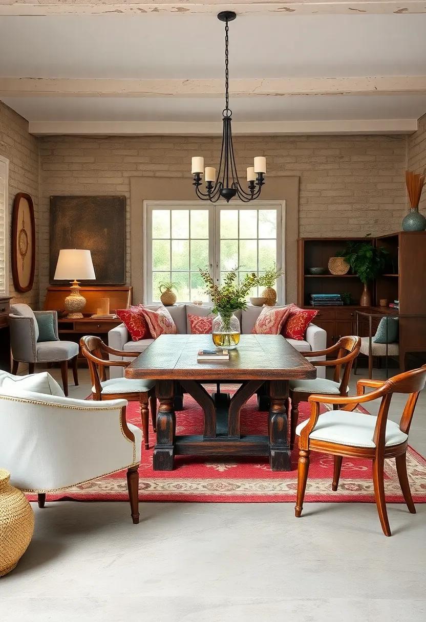 A charming⁢ cottage-style haven ⁢where a vintage‍ farmhouse table​ doubles⁢ as a focal point, surrounded by mismatched chairs ⁤that tell their own stories