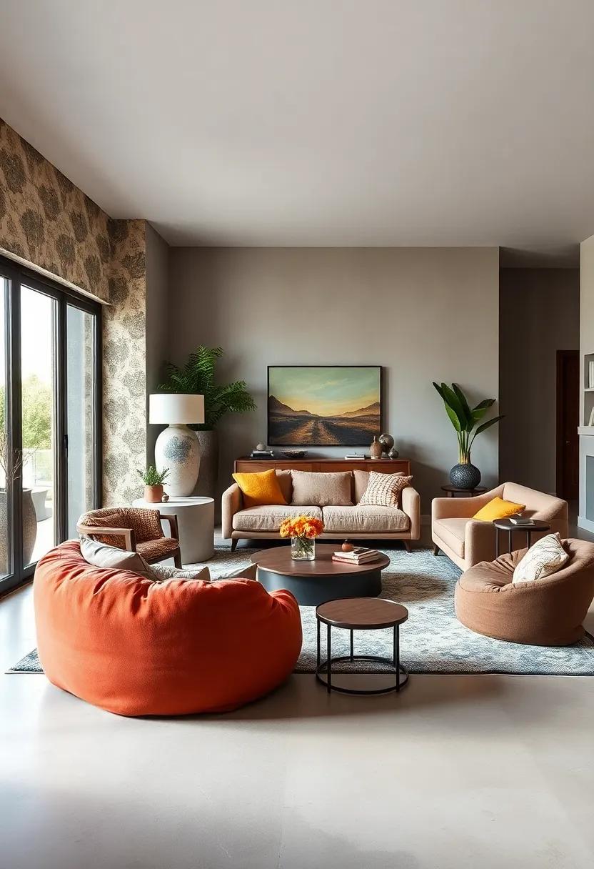 An adventurous living room filled with whimsical statement⁢ pieces, such as a quirky​ sculpture and⁣ retro bean bags that ​encourage⁤ playful ​interactions