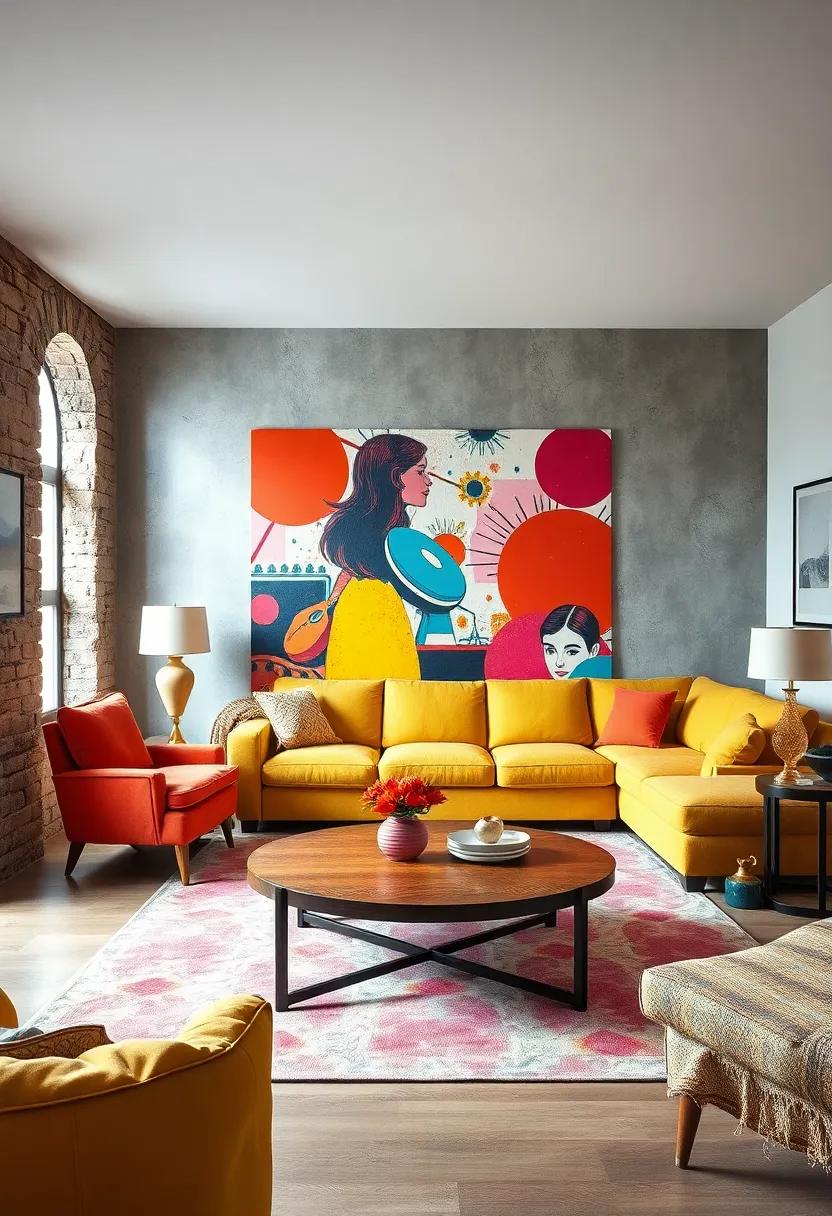 A funky 1960s living room showcasing a bright, pop art-inspired ⁤mural ⁣behind a ⁤retro sectional that encapsulates ‌the playful spirit⁣ of‌ the⁣ era
