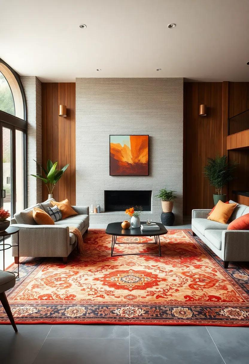 Vintage ‌Area Rug: A beautifully patterned area rug in warm tones helps anchor ​the room while​ adding texture underfoot