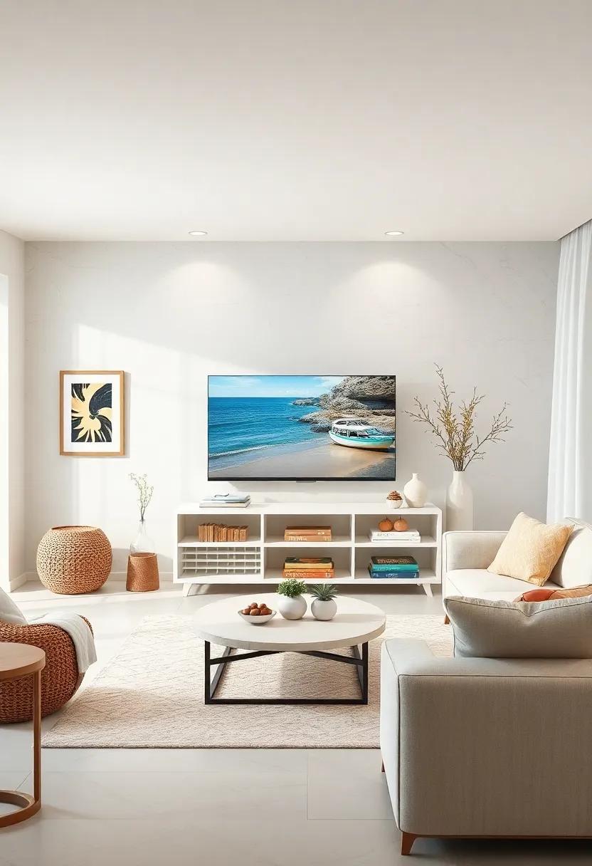 Coastal Vibes: Dive into the breezy beauty⁢ of a ‌white TV unit inspired by beach aesthetics, featuring soft textures and decorative elements