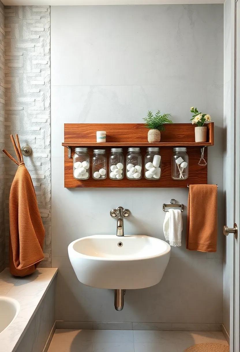 Mason​ Jar ​Organizer: Bring a​ rustic touch to your⁣ bathroom ‌by repurposing mason jars for holding cotton balls, ‍swabs,⁢ and other​ small items, ⁢mounted on a wooden board