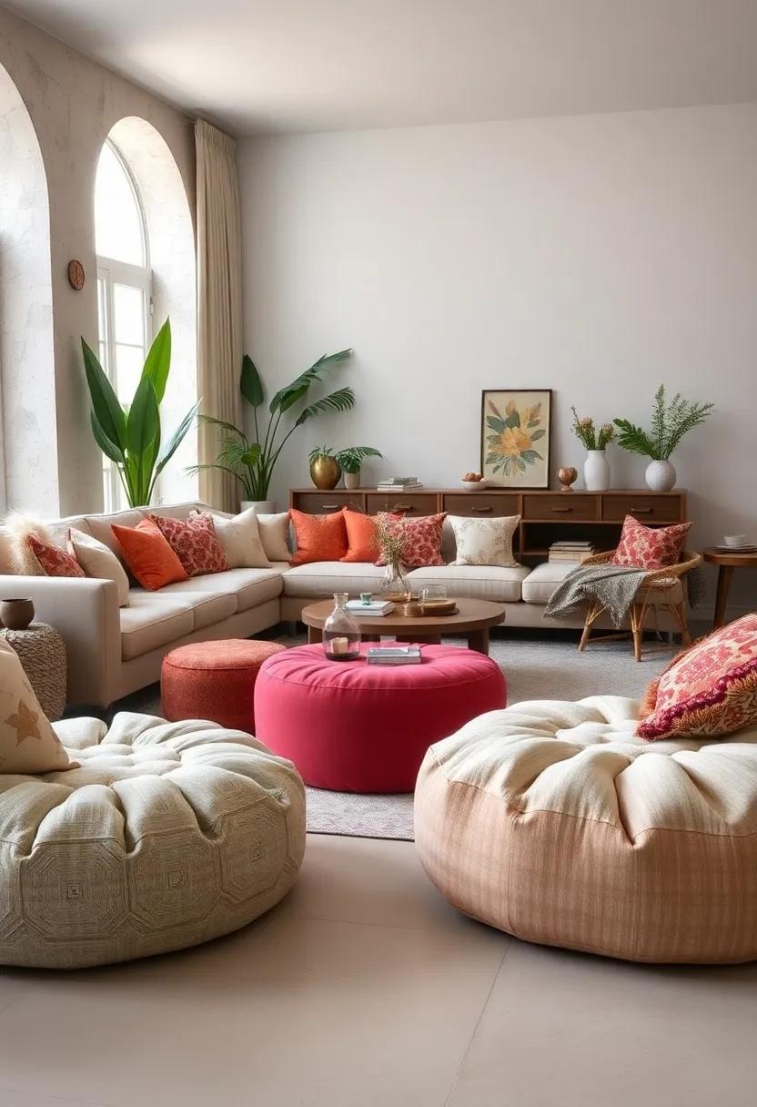 Boho-Chic Poufs: Versatile seat ‍options that can also serve as coffee tables or footrests, adding both style and‌ function